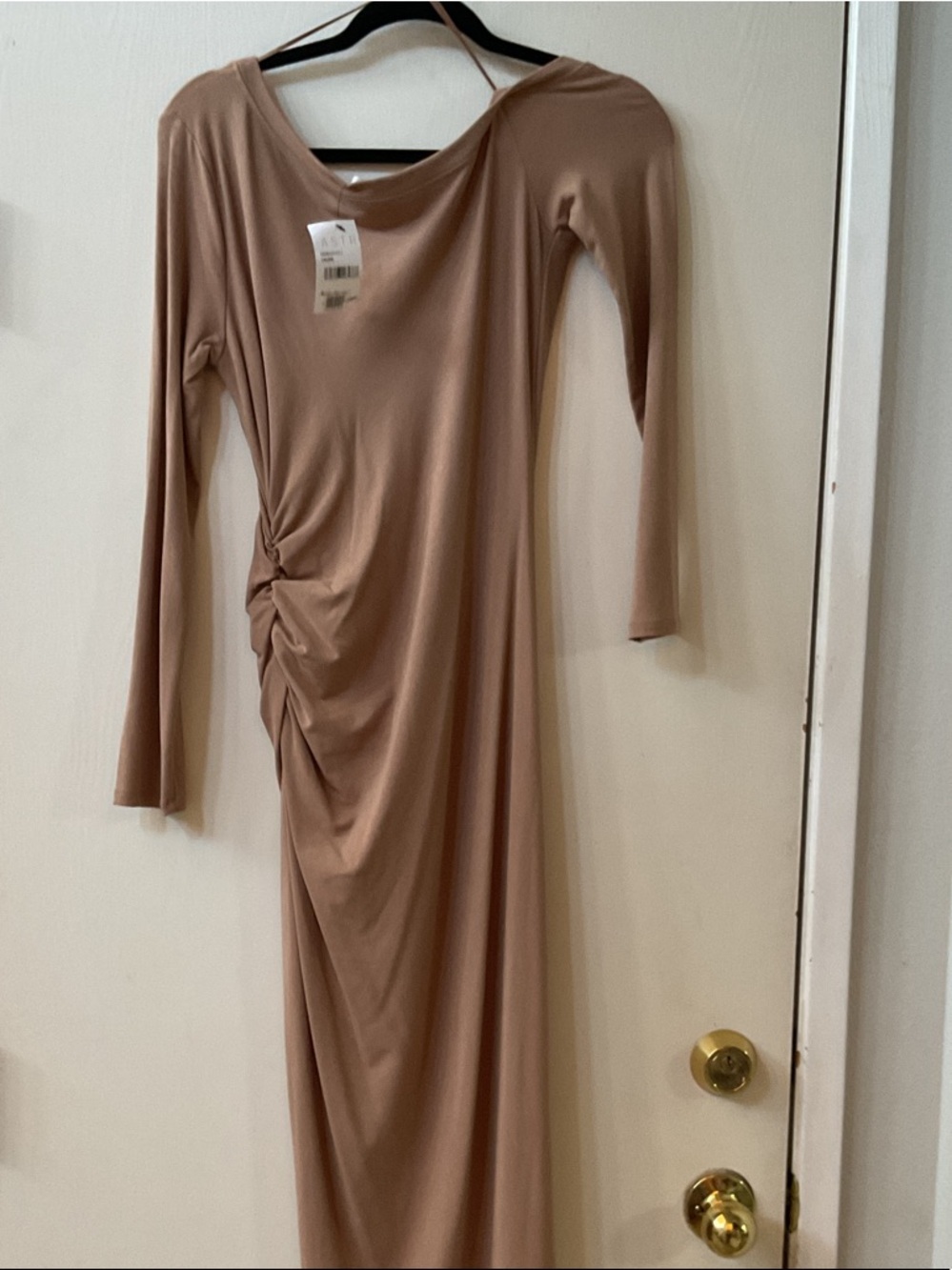 Astr Long Sleeve Midi Dress in Taupe Neutral off shoulder - Picture 4 of 5